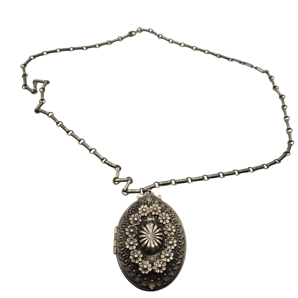 Floral Locket Necklace Etched Chain Pendant Vtg Silver Oval Art Deco Victorian