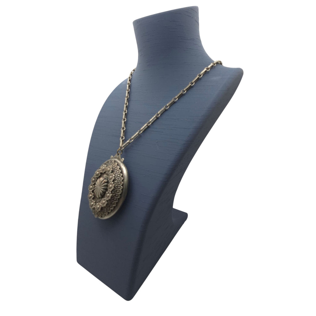 Floral Locket Necklace Etched Chain Pendant Vtg Silver Oval Art Deco Victorian