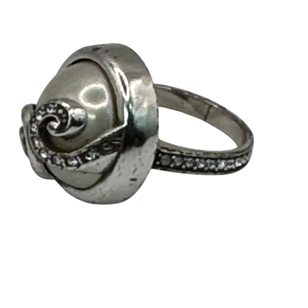 Brighton Silver-Tone Spiral Ring Scroll Faux Pearl & Crystal Accents Size 7 Vtg