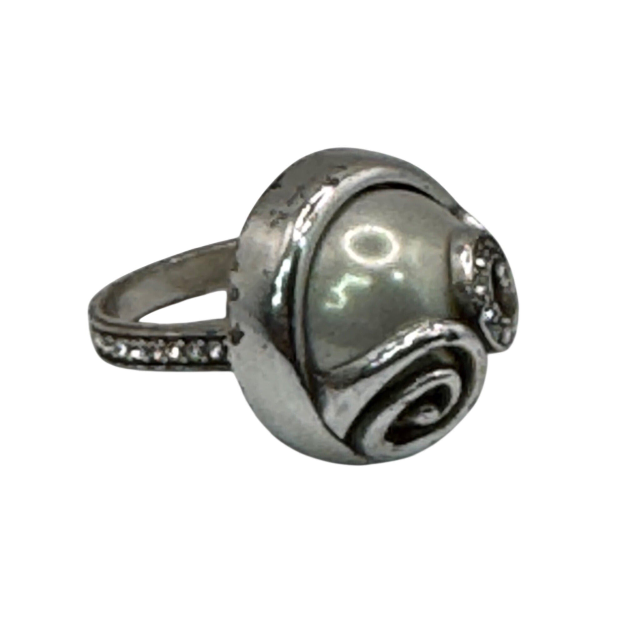 Brighton Silver-Tone Spiral Ring Scroll Faux Pearl & Crystal Accents Size 7 Vtg