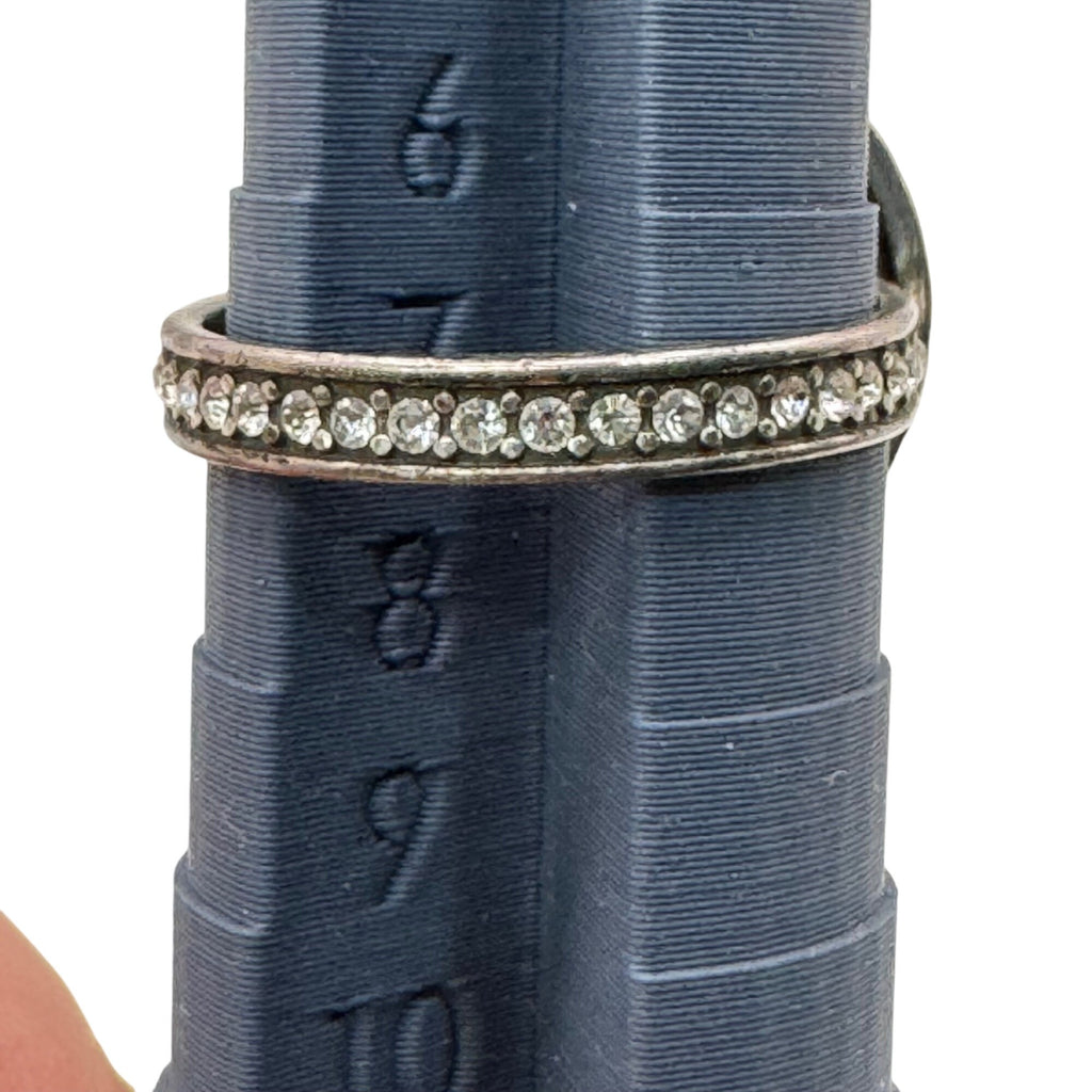 Brighton Silver-Tone Spiral Ring Scroll Faux Pearl & Crystal Accents Size 7 Vtg