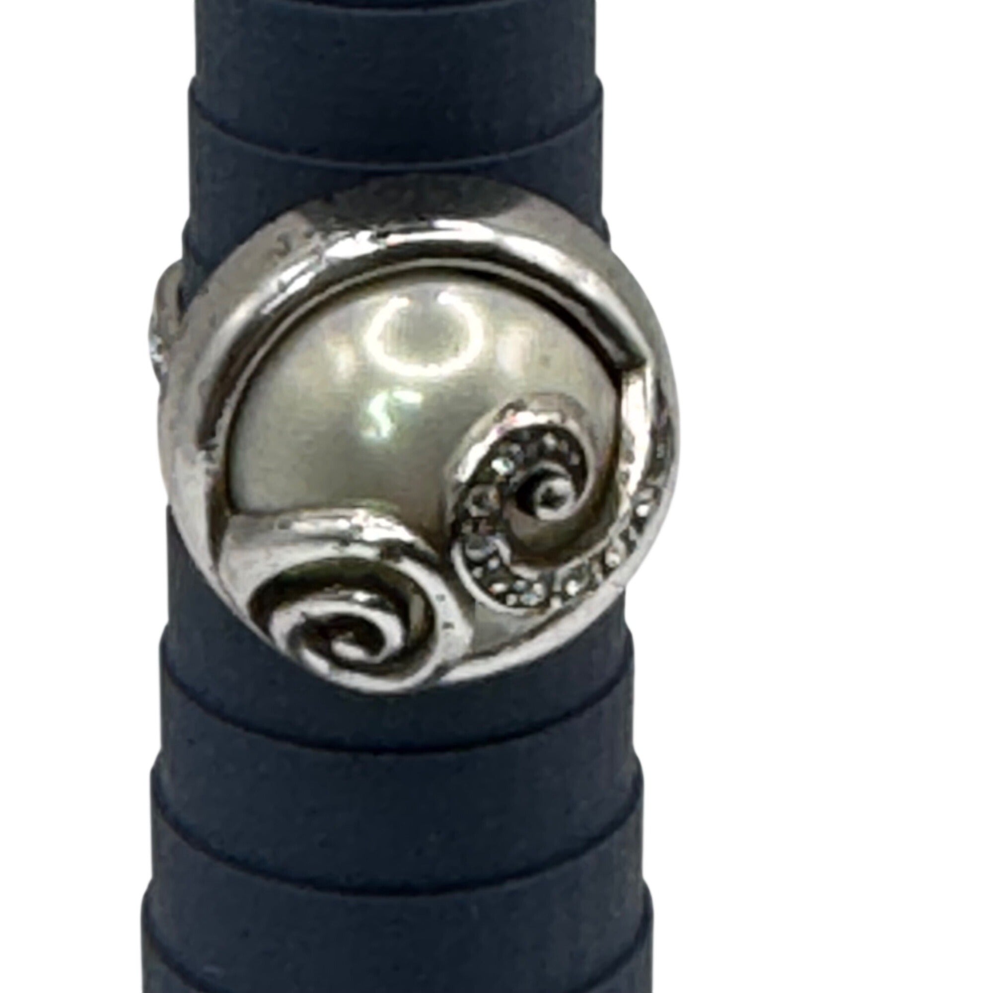 Brighton Silver-Tone Spiral Ring Scroll Faux Pearl & Crystal Accents Size 7 Vtg