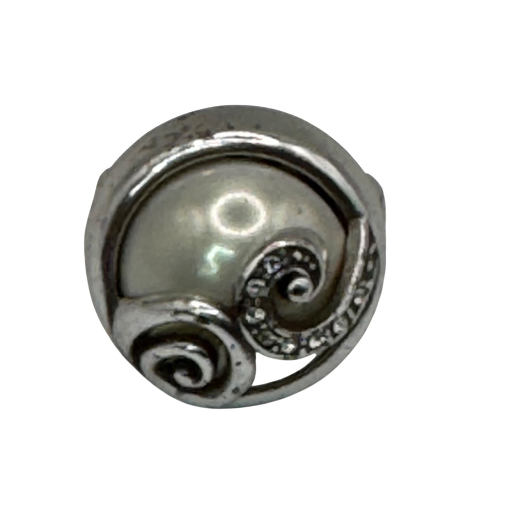 Brighton Silver-Tone Spiral Ring Scroll Faux Pearl & Crystal Accents Size 7 Vtg