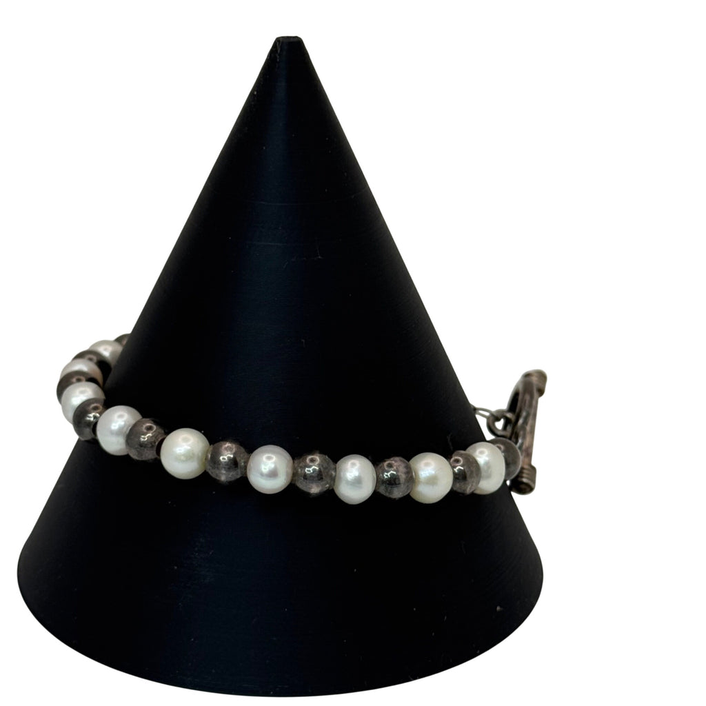 Sterling Silver Freshwater Pearl Beaded Bracelet 7" Ball Beads Vintage Estate