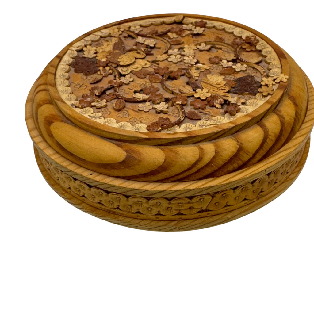 Siberian Birch Box Wooden Jewelry Box Intricate Floral Bird Carvings Round 4.5"
