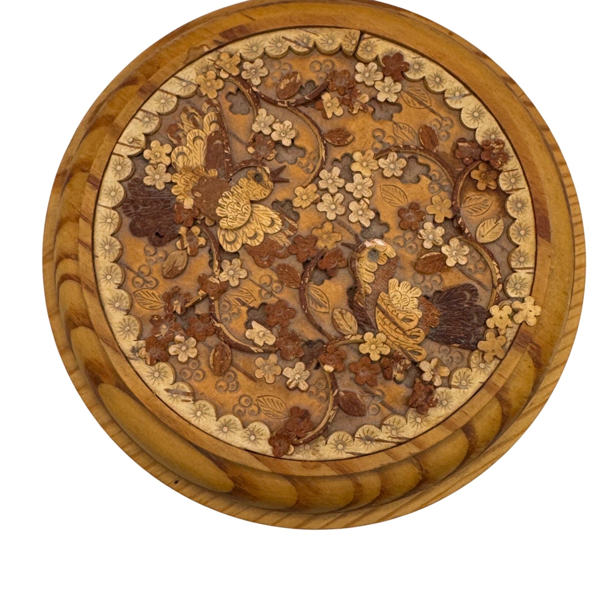 Siberian Birch Box Wooden Jewelry Box Intricate Floral Bird Carvings Round 4.5"
