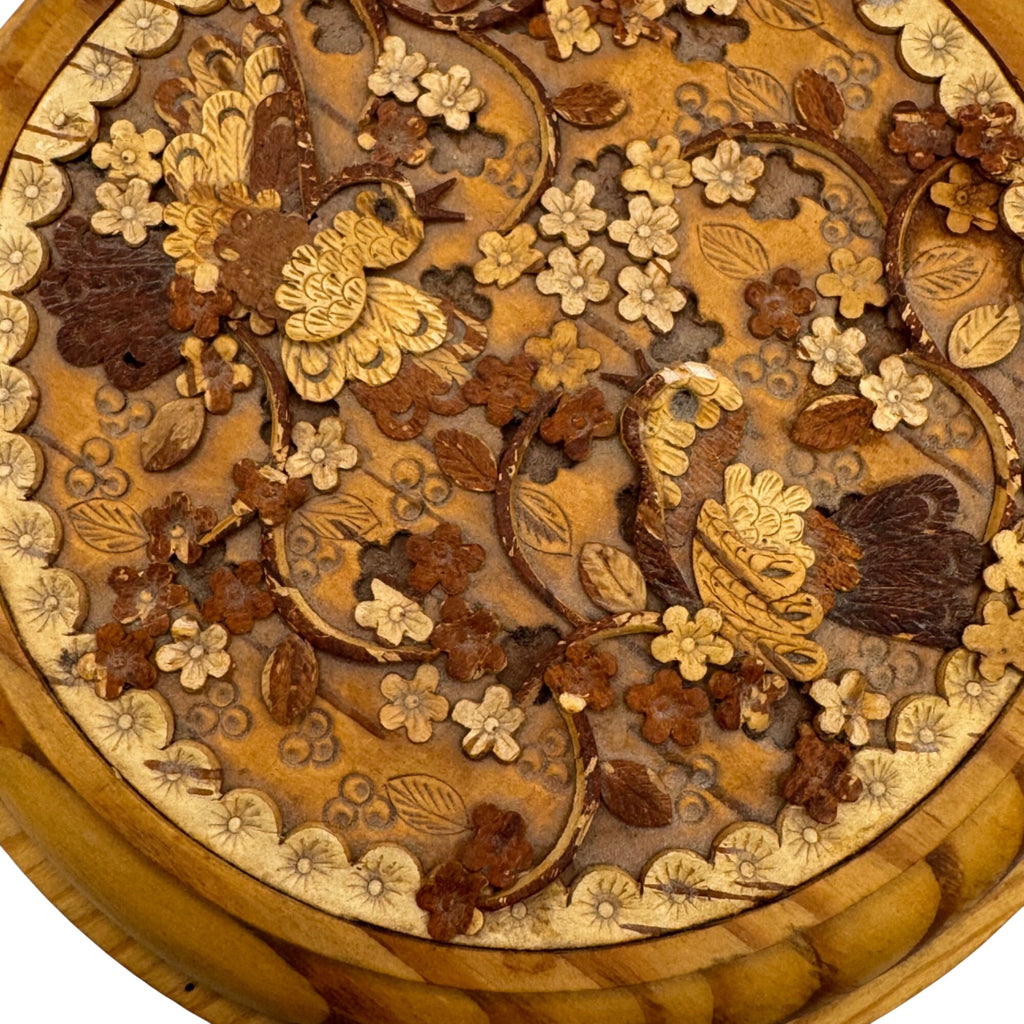 Siberian Birch Box Wooden Jewelry Box Intricate Floral Bird Carvings Round 4.5"