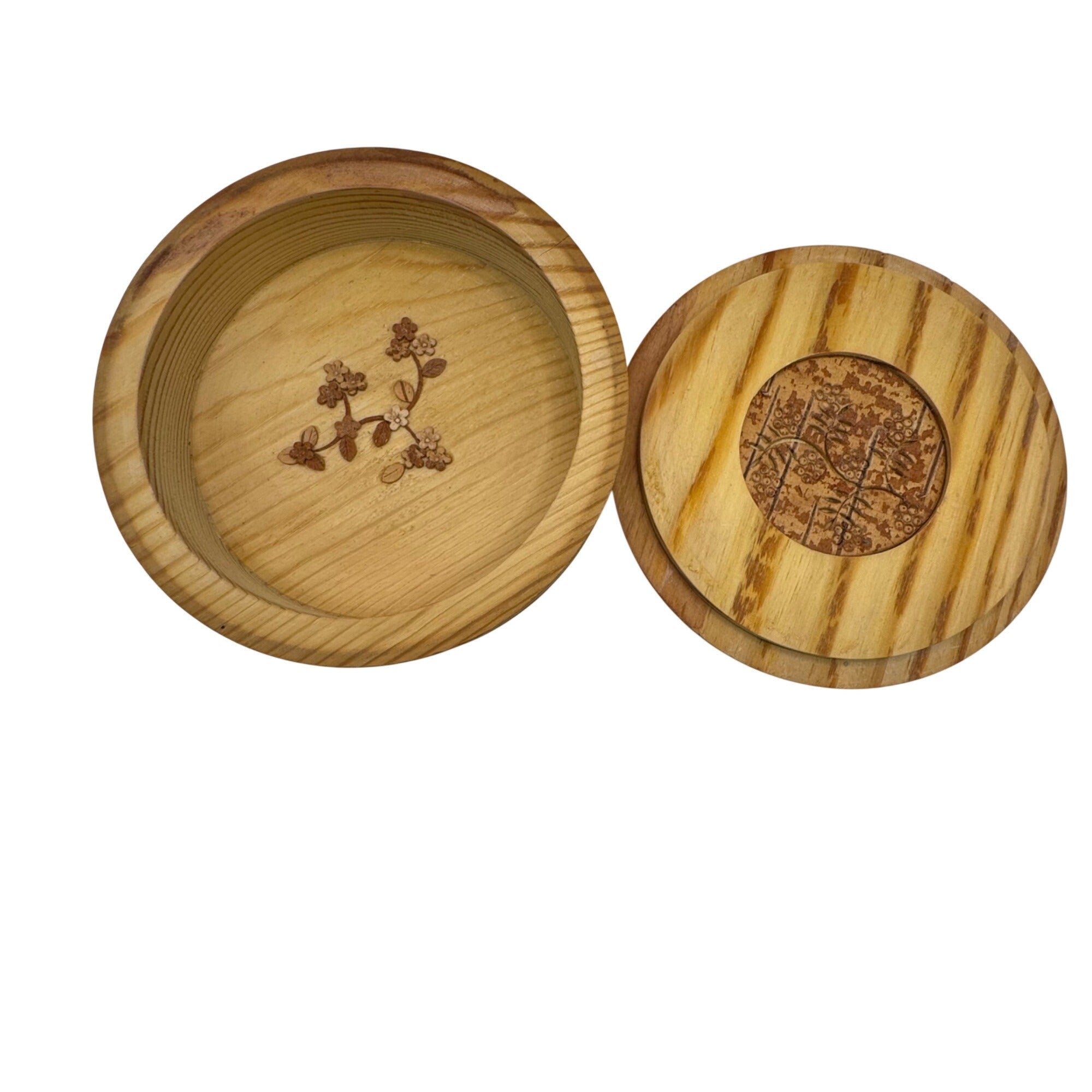Siberian Birch Box Wooden Jewelry Box Intricate Floral Bird Carvings Round 4.5"