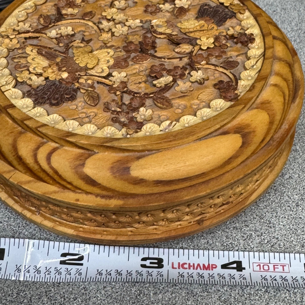 Siberian Birch Box Wooden Jewelry Box Intricate Floral Bird Carvings Round 4.5"