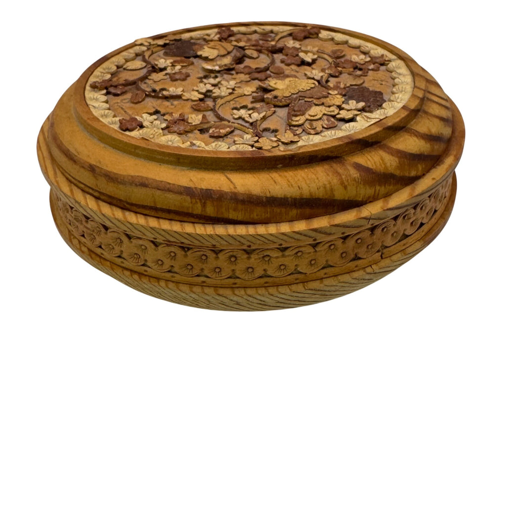 Siberian Birch Box Wooden Jewelry Box Intricate Floral Bird Carvings Round 4.5"