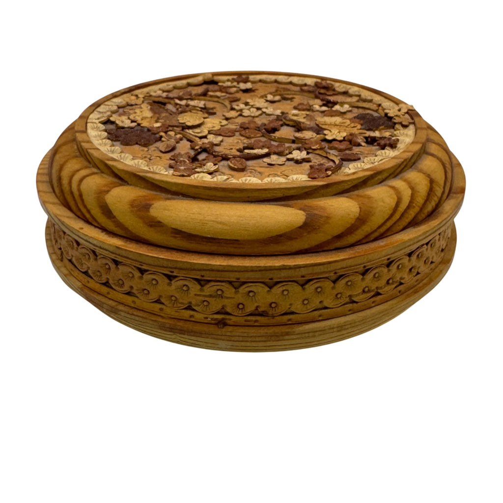 Siberian Birch Box Wooden Jewelry Box Intricate Floral Bird Carvings Round 4.5"