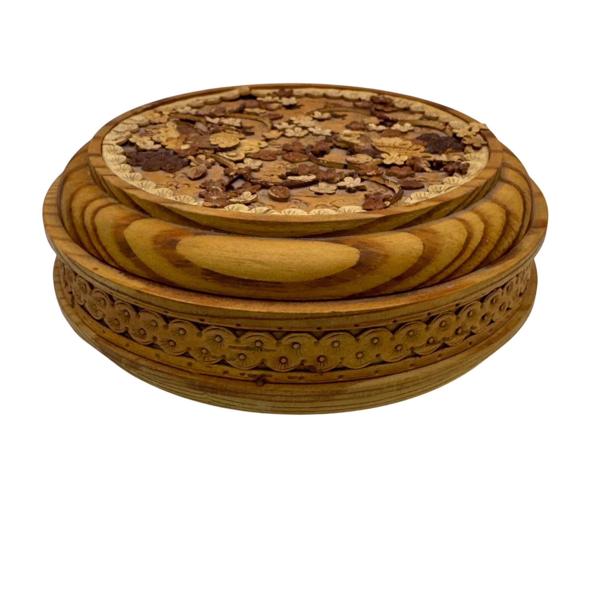 Siberian Birch Box Wooden Jewelry Box Intricate Floral Bird Carvings Round 4.5"