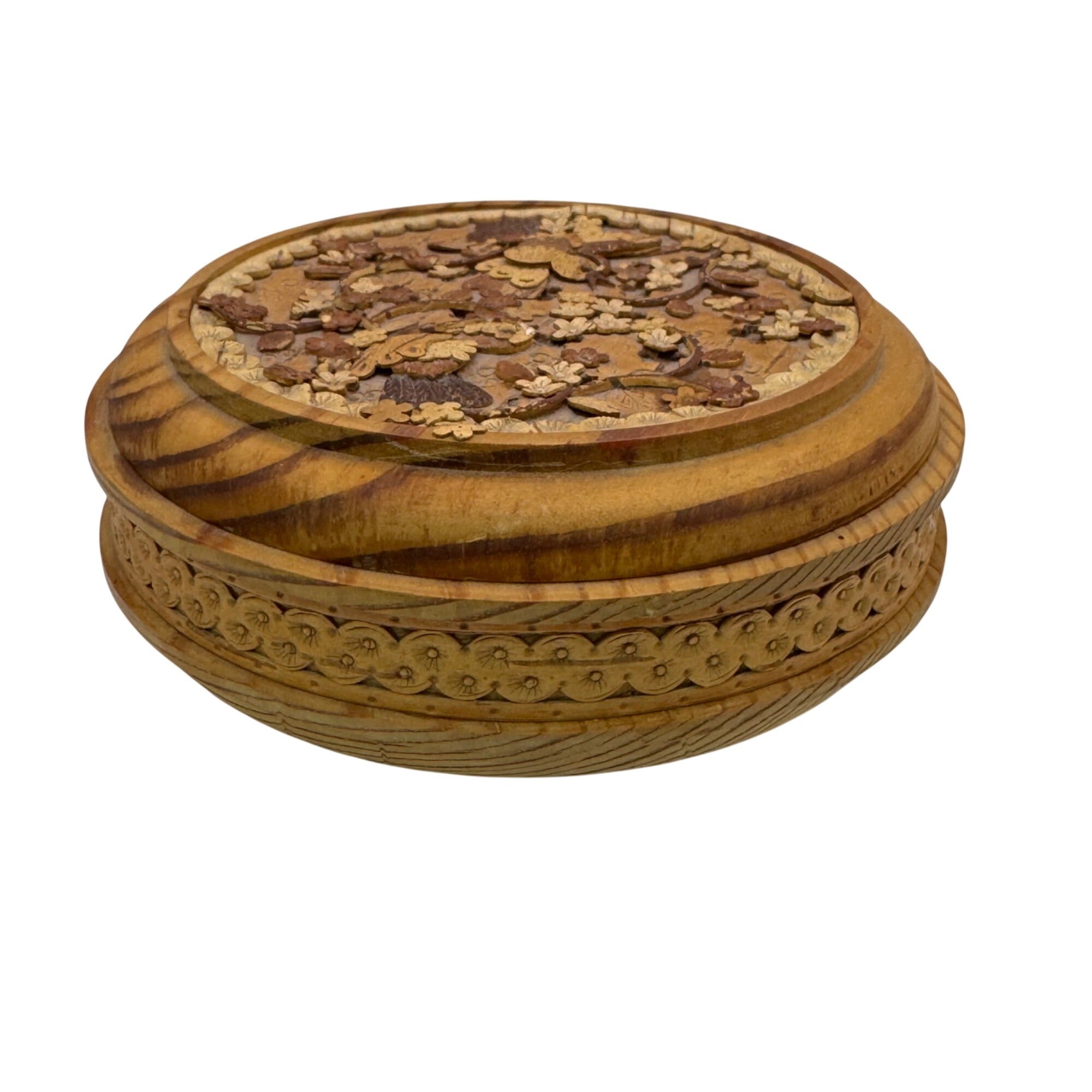 Siberian Birch Box Wooden Jewelry Box Intricate Floral Bird Carvings Round 4.5"