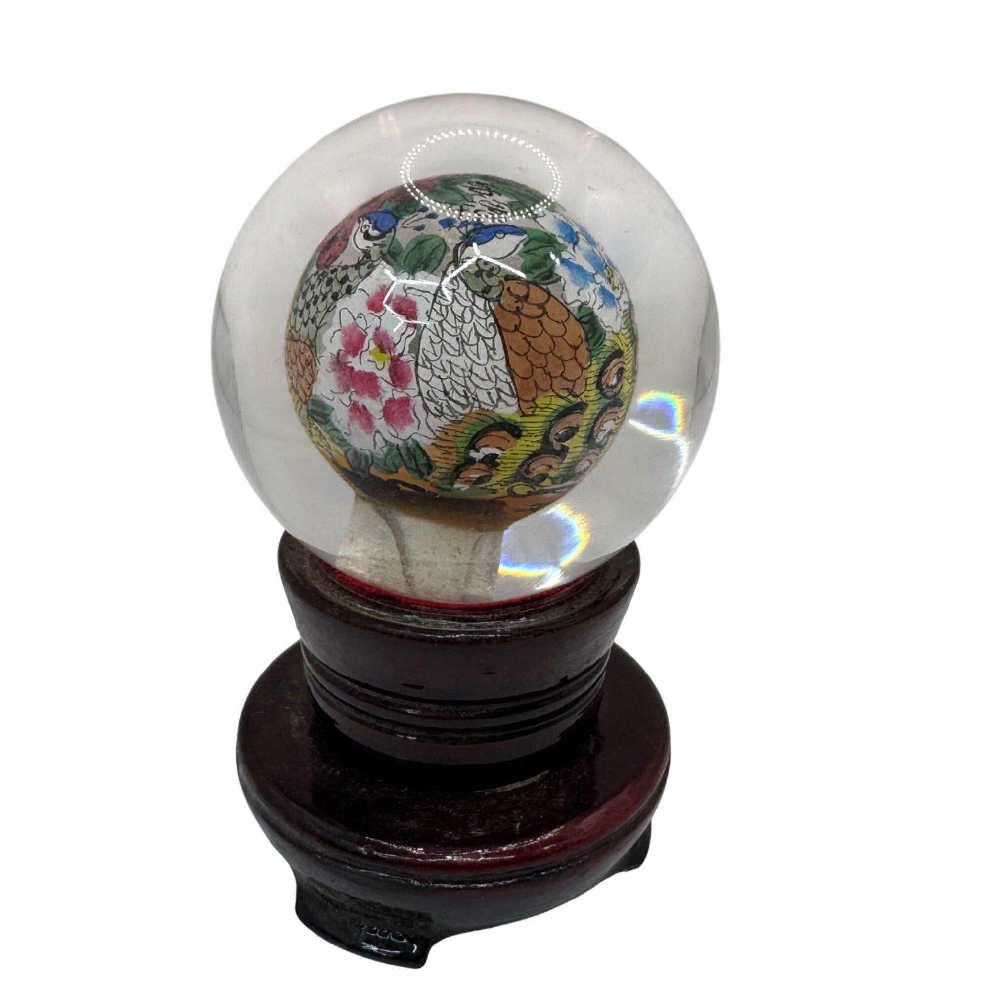 Chinese Reverse Painted Orb Glass Globe Wood Base Box Floral Peacock Design 3.5"