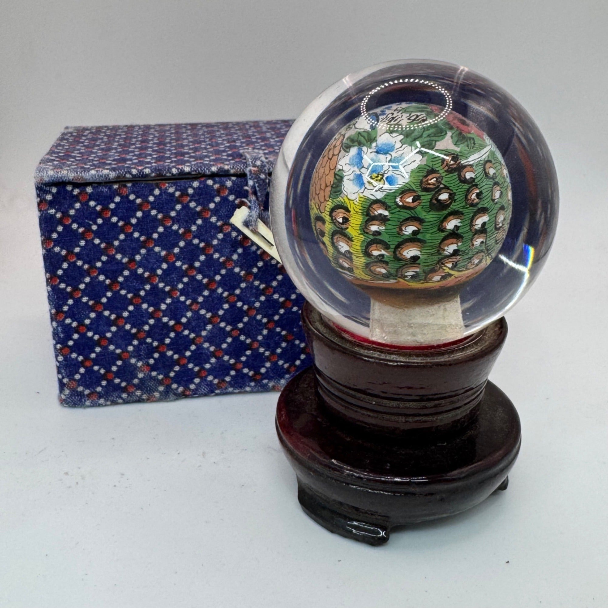 Chinese Reverse Painted Orb Glass Globe Wood Base Box Floral Peacock Design 3.5"