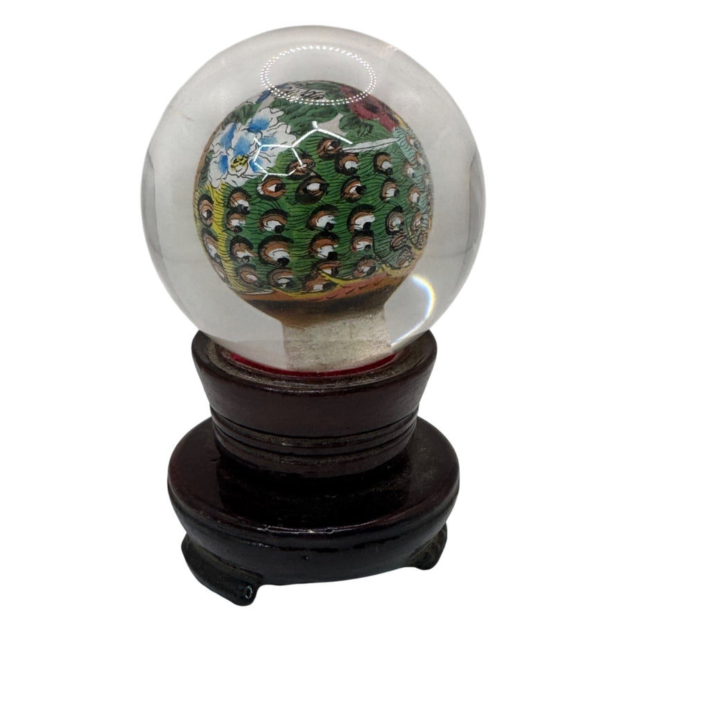 Chinese Reverse Painted Orb Glass Globe Wood Base Box Floral Peacock Design 3.5"