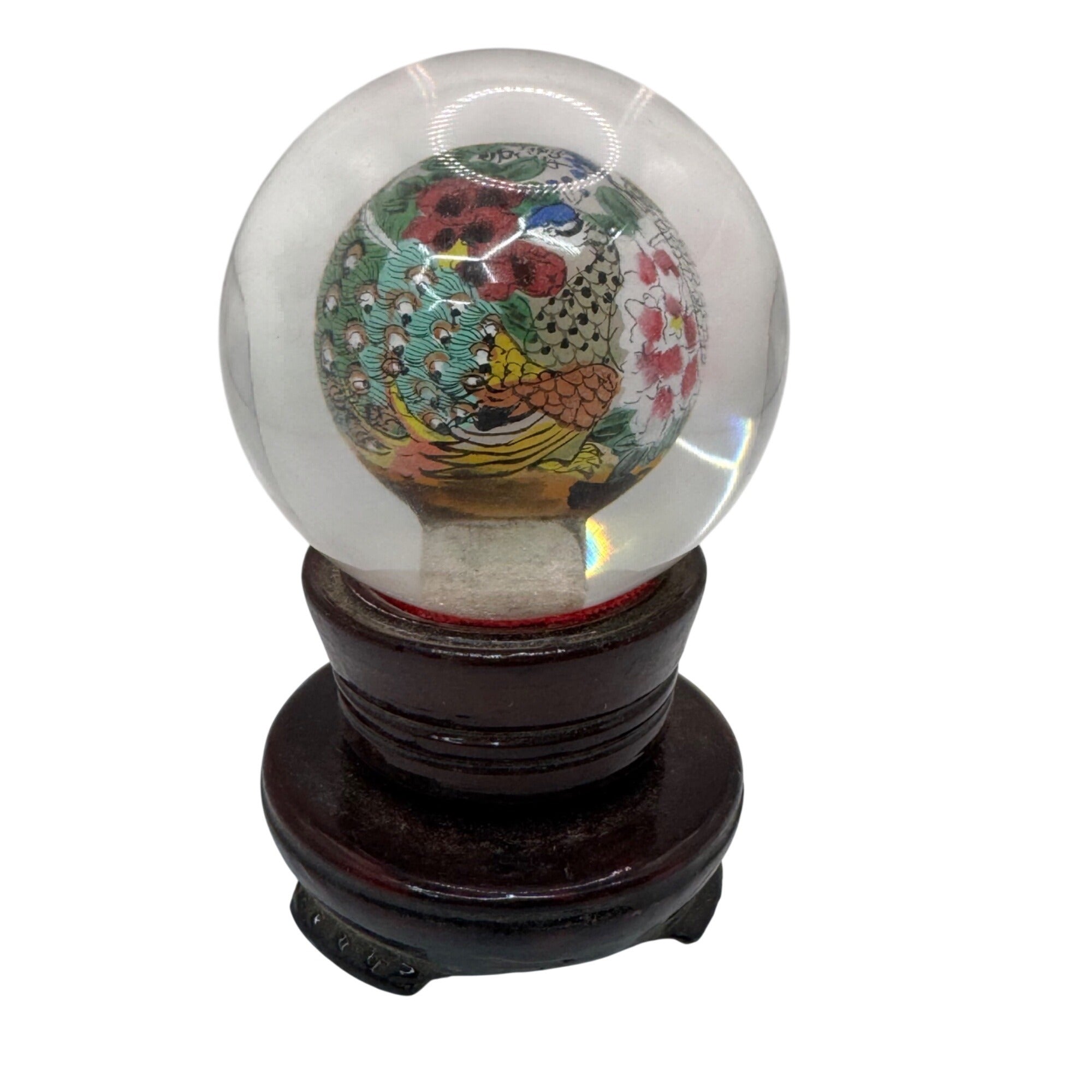 Chinese Reverse Painted Orb Glass Globe Wood Base Box Floral Peacock Design 3.5"