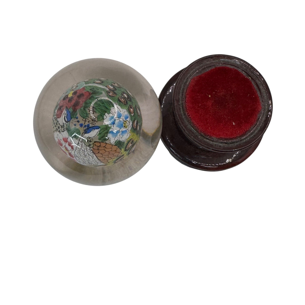 Chinese Reverse Painted Orb Glass Globe Wood Base Box Floral Peacock Design 3.5"