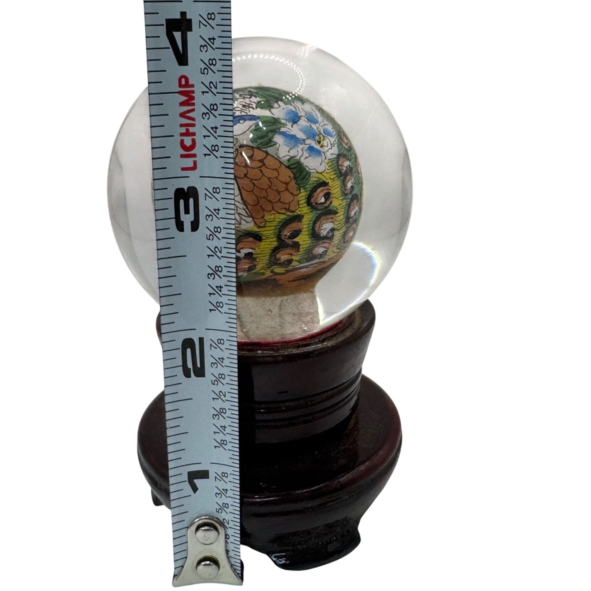 Chinese Reverse Painted Orb Glass Globe Wood Base Box Floral Peacock Design 3.5"