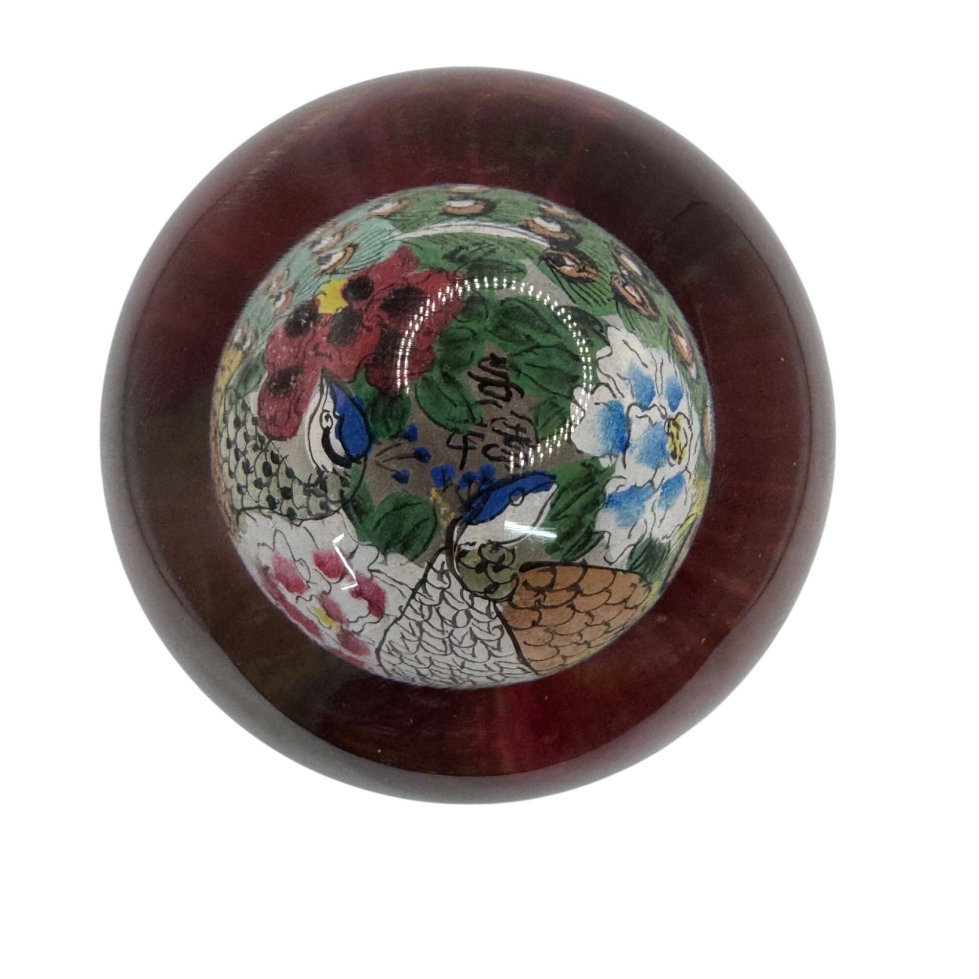 Chinese Reverse Painted Orb Glass Globe Wood Base Box Floral Peacock Design 3.5"