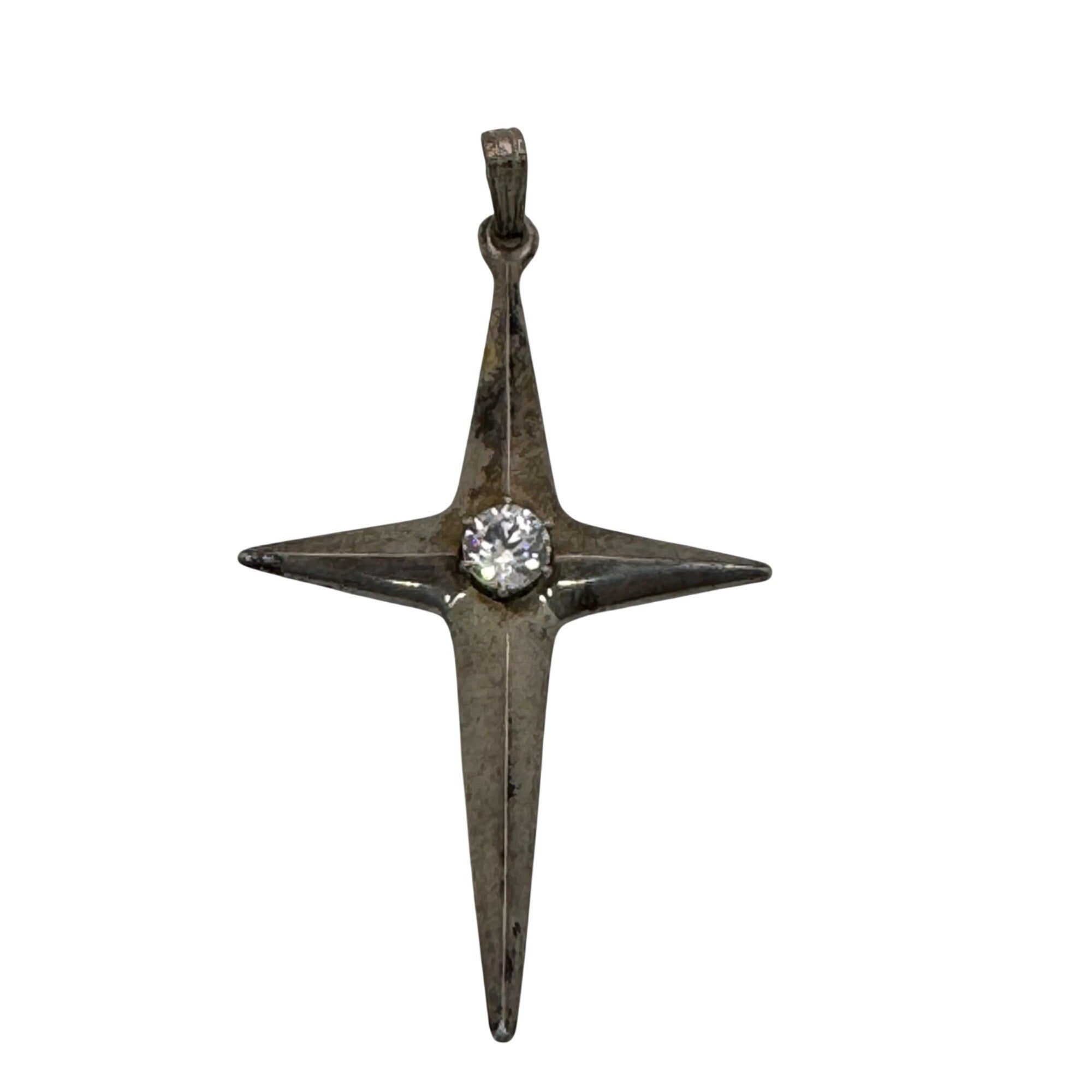 Vintage Sterling Silver Star Cross Pendant Clear Rhinestone By Revere 925 2"