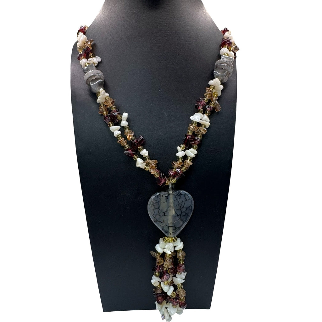 Vintage Amethyst Quartz Citrine Gemstone Beaded Necklace Crackle Heart Tassel 28