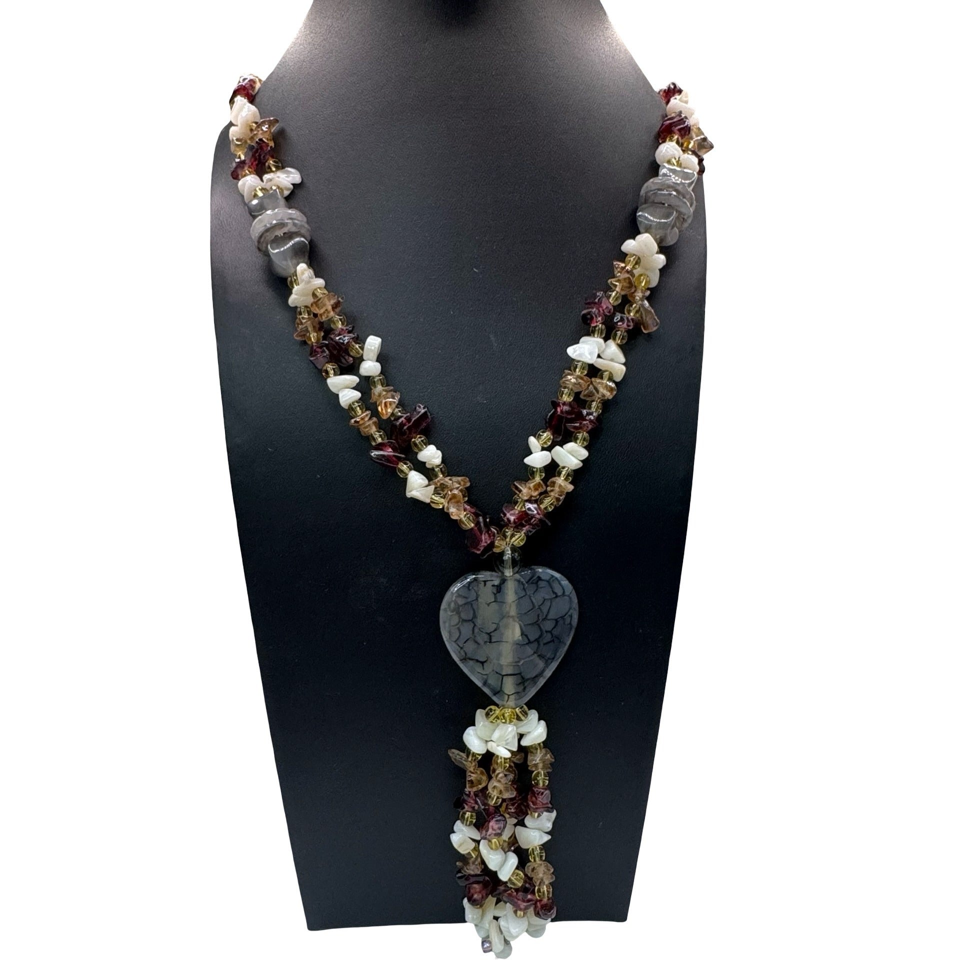 Vintage Amethyst Quartz Citrine Gemstone Beaded Necklace Crackle Heart Tassel 28