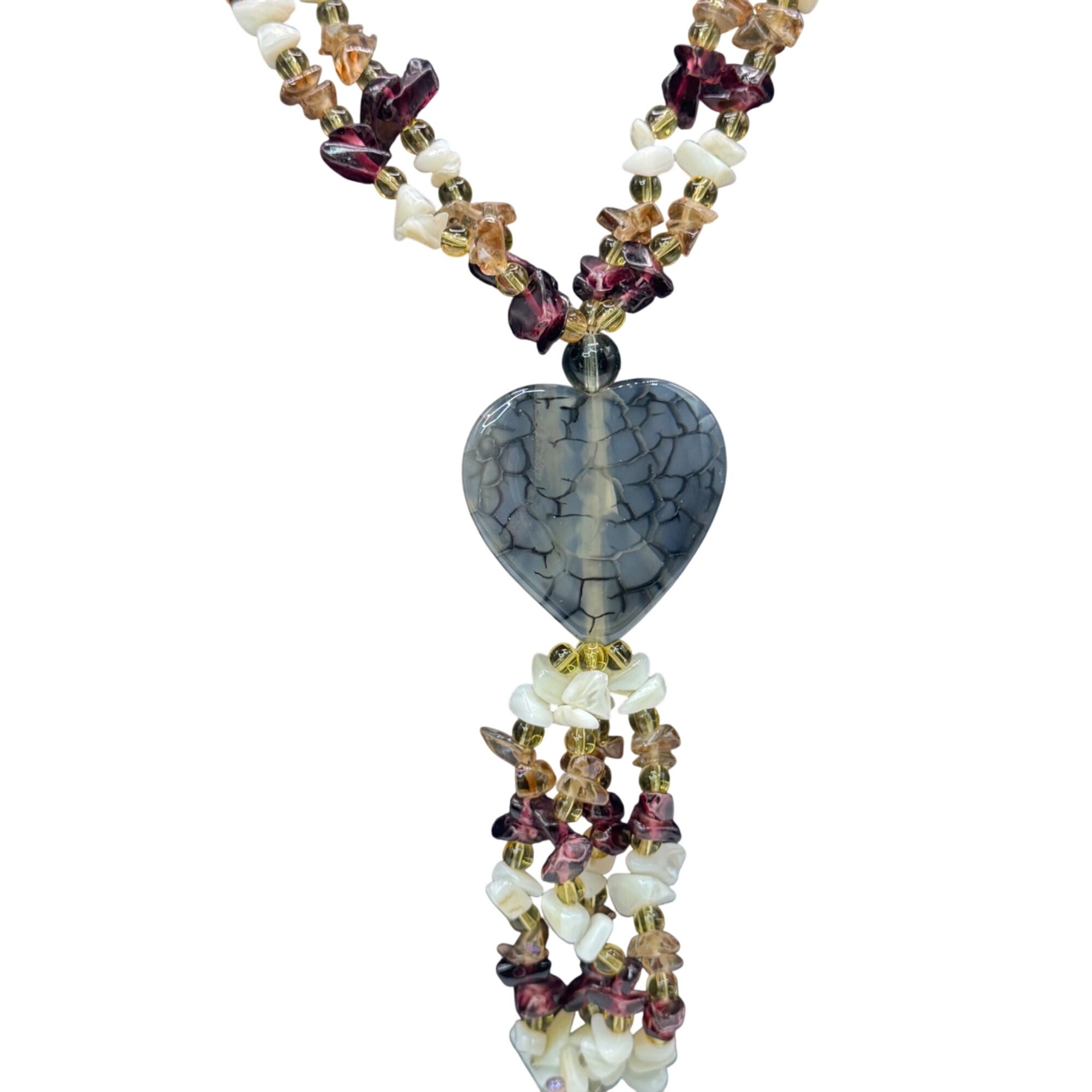 Vintage Amethyst Quartz Citrine Gemstone Beaded Necklace Crackle Heart Tassel 28