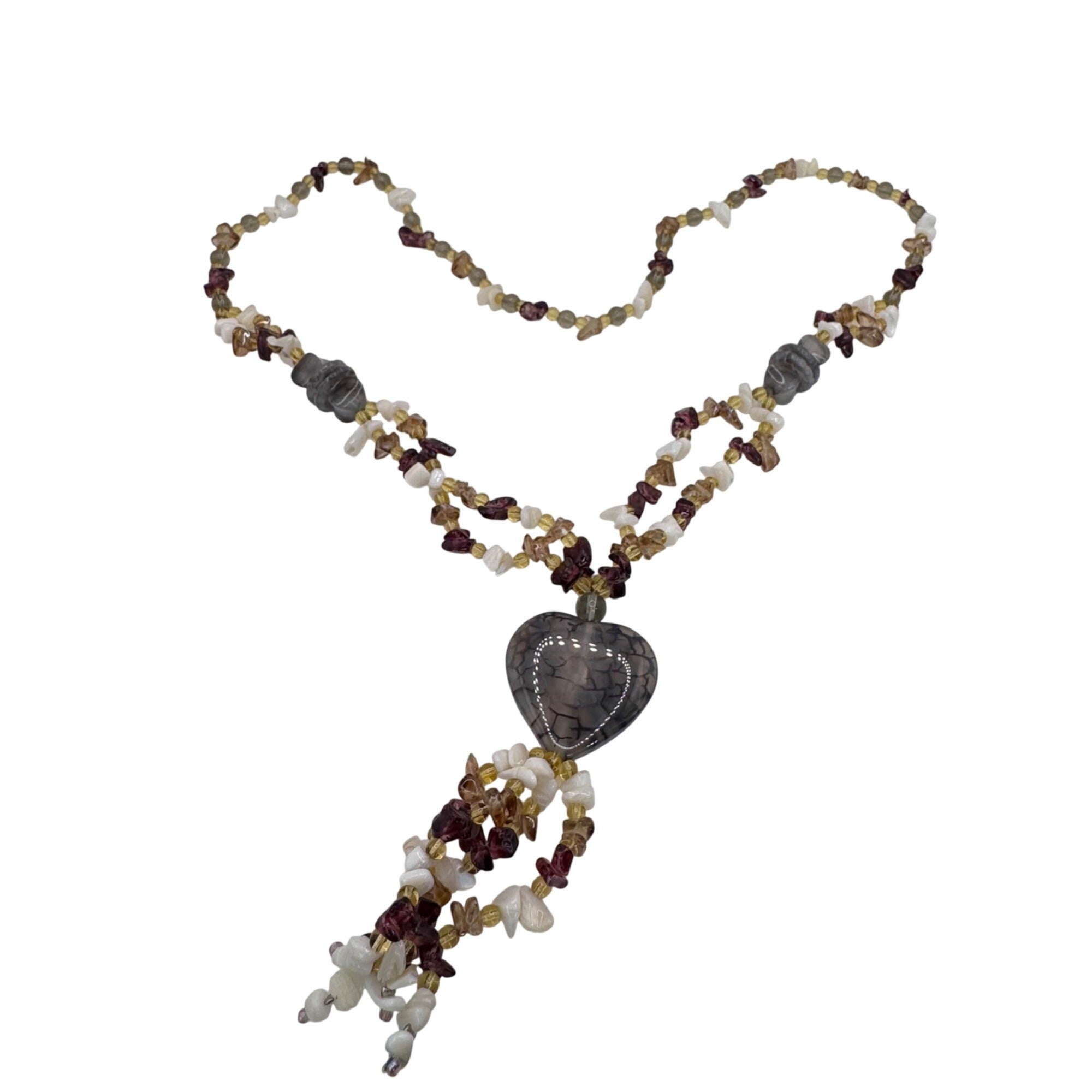 Vintage Amethyst Quartz Citrine Gemstone Beaded Necklace Crackle Heart Tassel 28