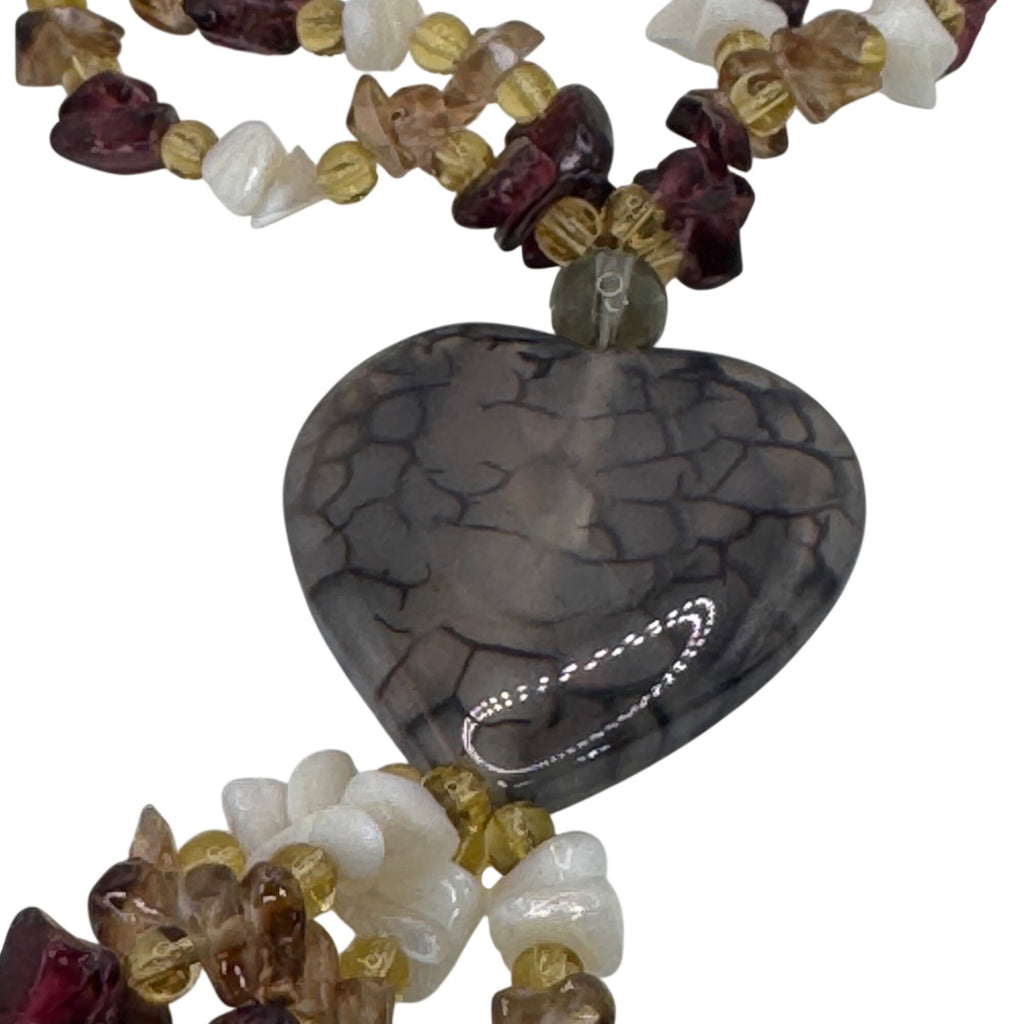 Vintage Amethyst Quartz Citrine Gemstone Beaded Necklace Crackle Heart Tassel 28