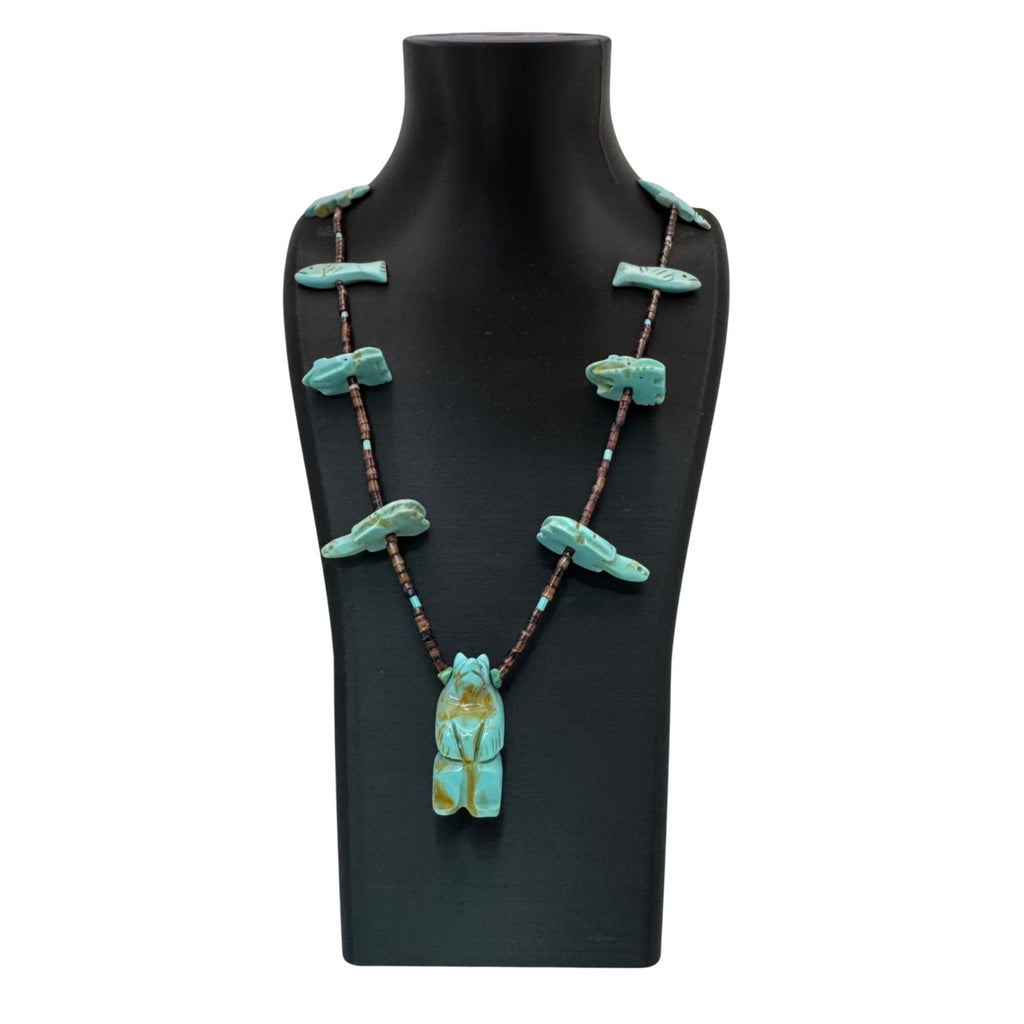 Vintage Zuni Bear Hand-Carved Turquoise Animal Fetish Necklace Bird Fox Fish 30”
