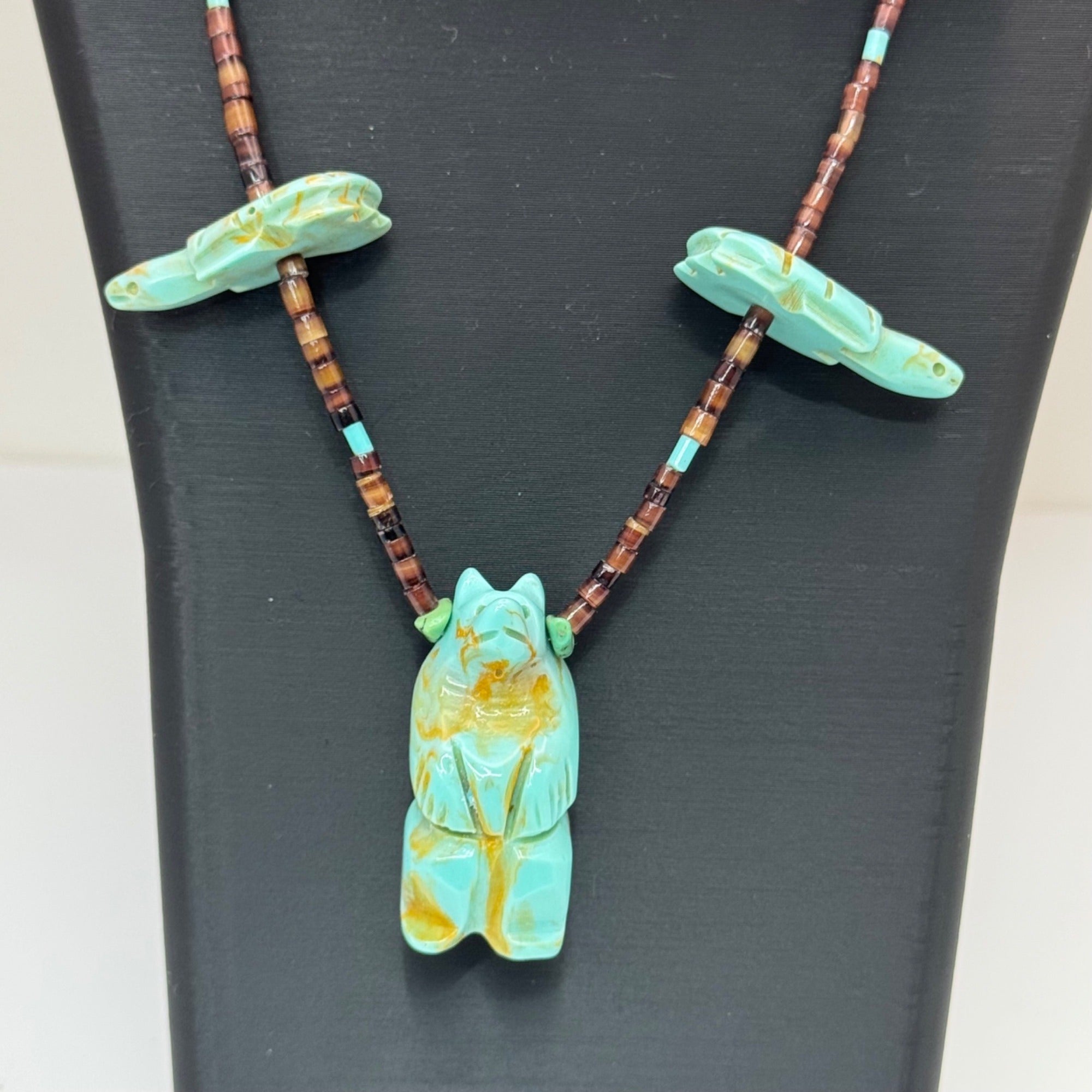 Vintage Zuni Bear Hand-Carved Turquoise Animal Fetish Necklace Bird Fox Fish 30”