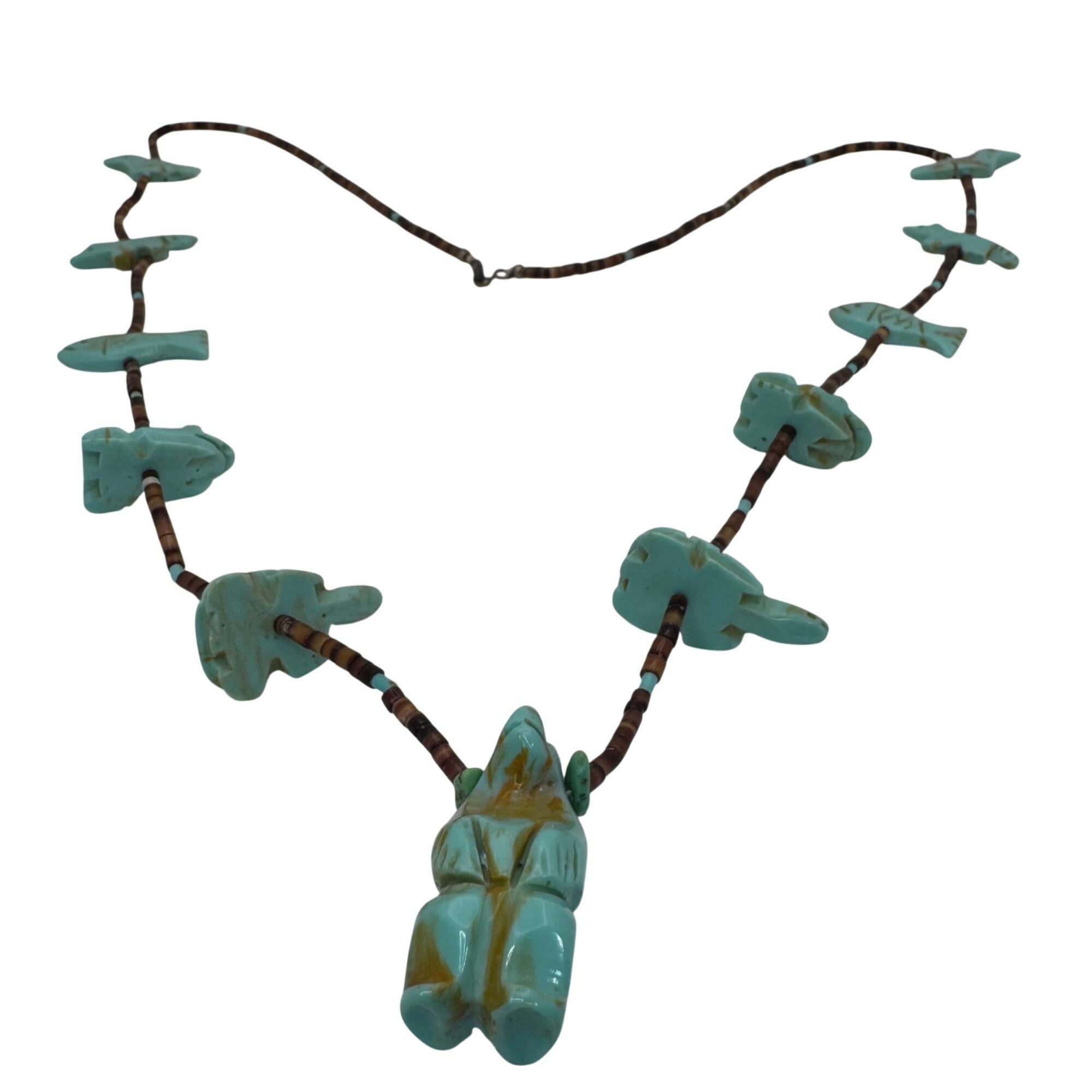 Vintage Zuni Bear Hand-Carved Turquoise Animal Fetish Necklace Bird Fox Fish 30”