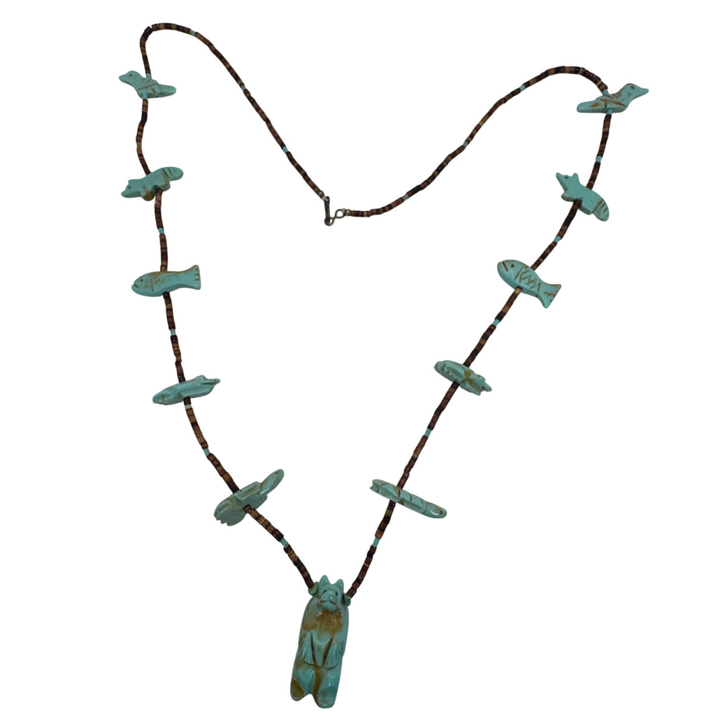Vintage Zuni Bear Hand-Carved Turquoise Animal Fetish Necklace Bird Fox Fish 30”