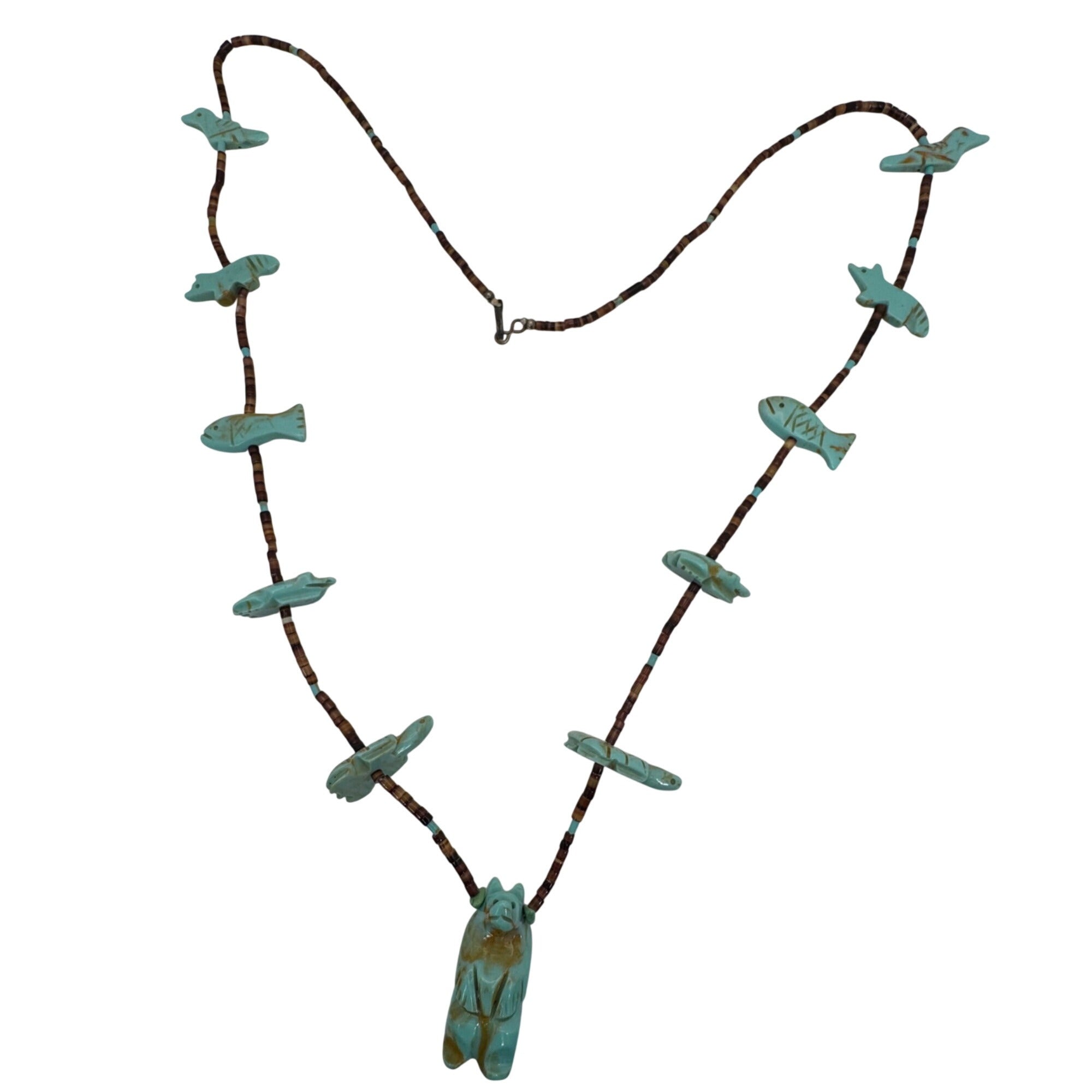 Vintage Zuni Bear Hand-Carved Turquoise Animal Fetish Necklace Bird Fox Fish 30”