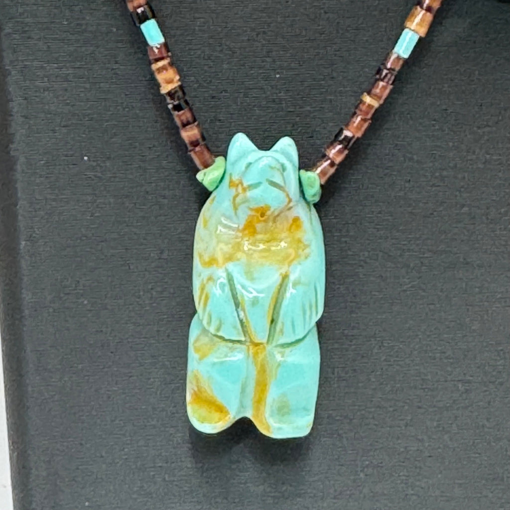 Vintage Zuni Bear Hand-Carved Turquoise Animal Fetish Necklace Bird Fox Fish 30”