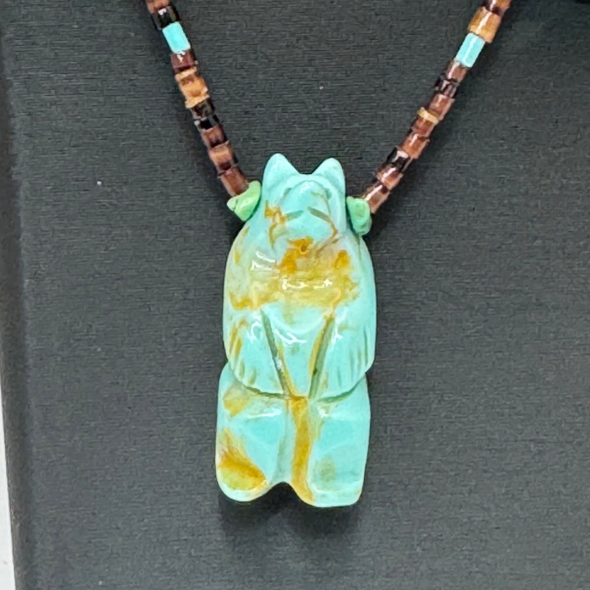 Vintage Zuni Bear Hand-Carved Turquoise Animal Fetish Necklace Bird Fox Fish 30”