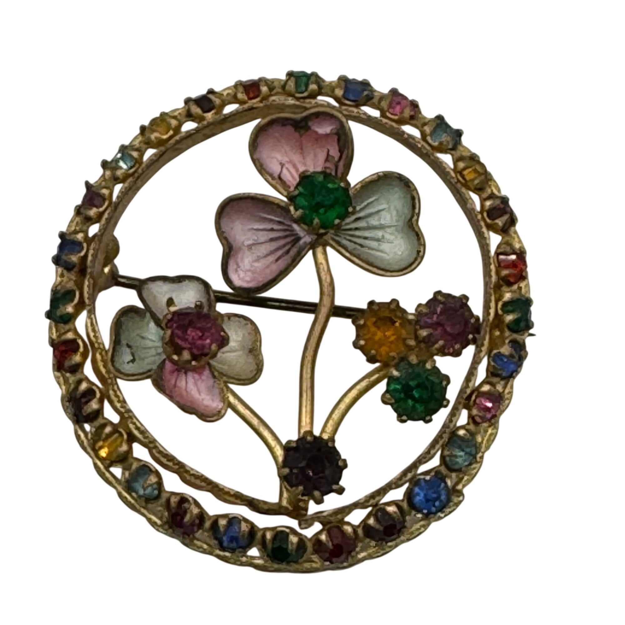 Vintage Czech Multicolor Rhinestone Floral Enamel Brooch Pin Round Brass 1.5"