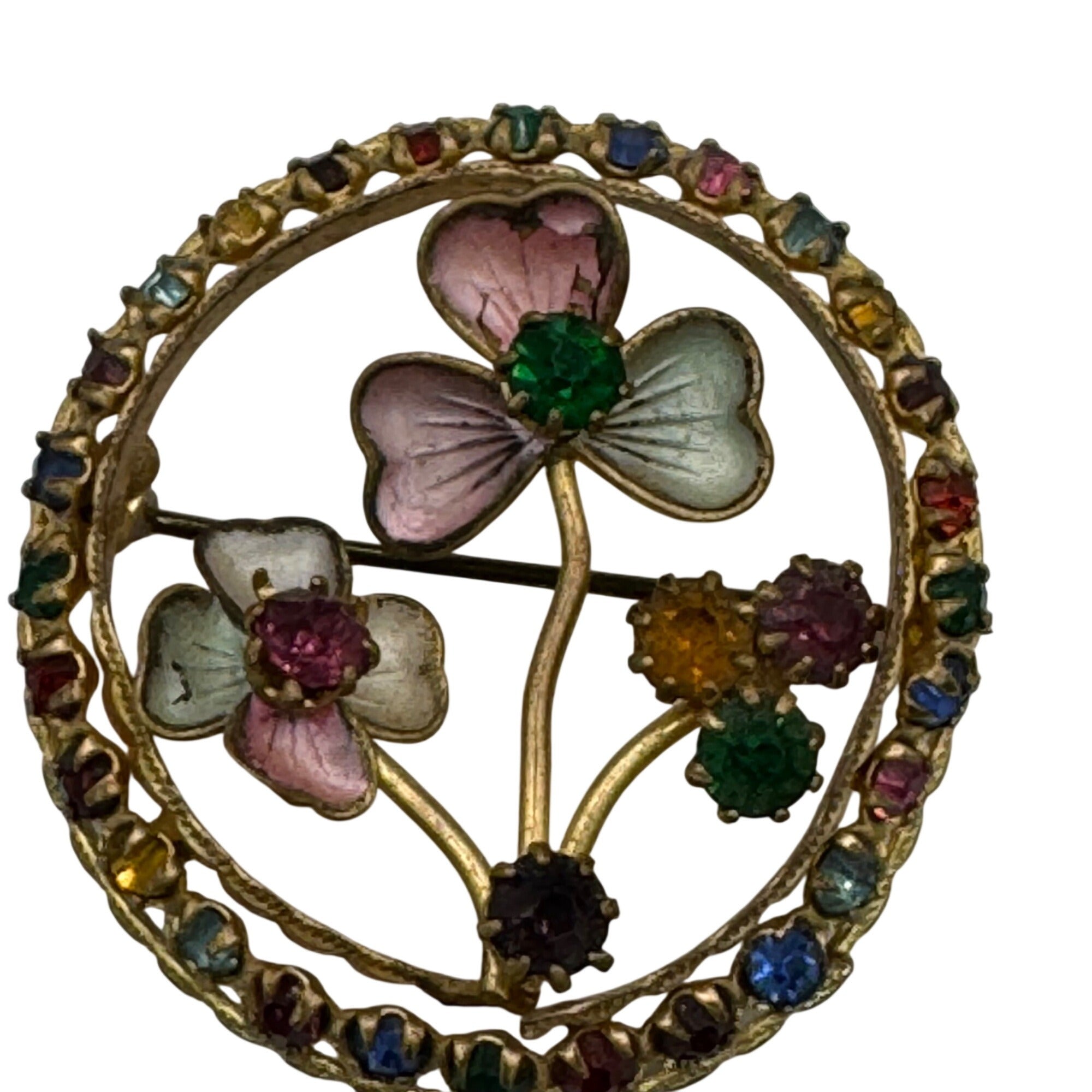 Vintage Czech Multicolor Rhinestone Floral Enamel Brooch Pin Round Brass 1.5"