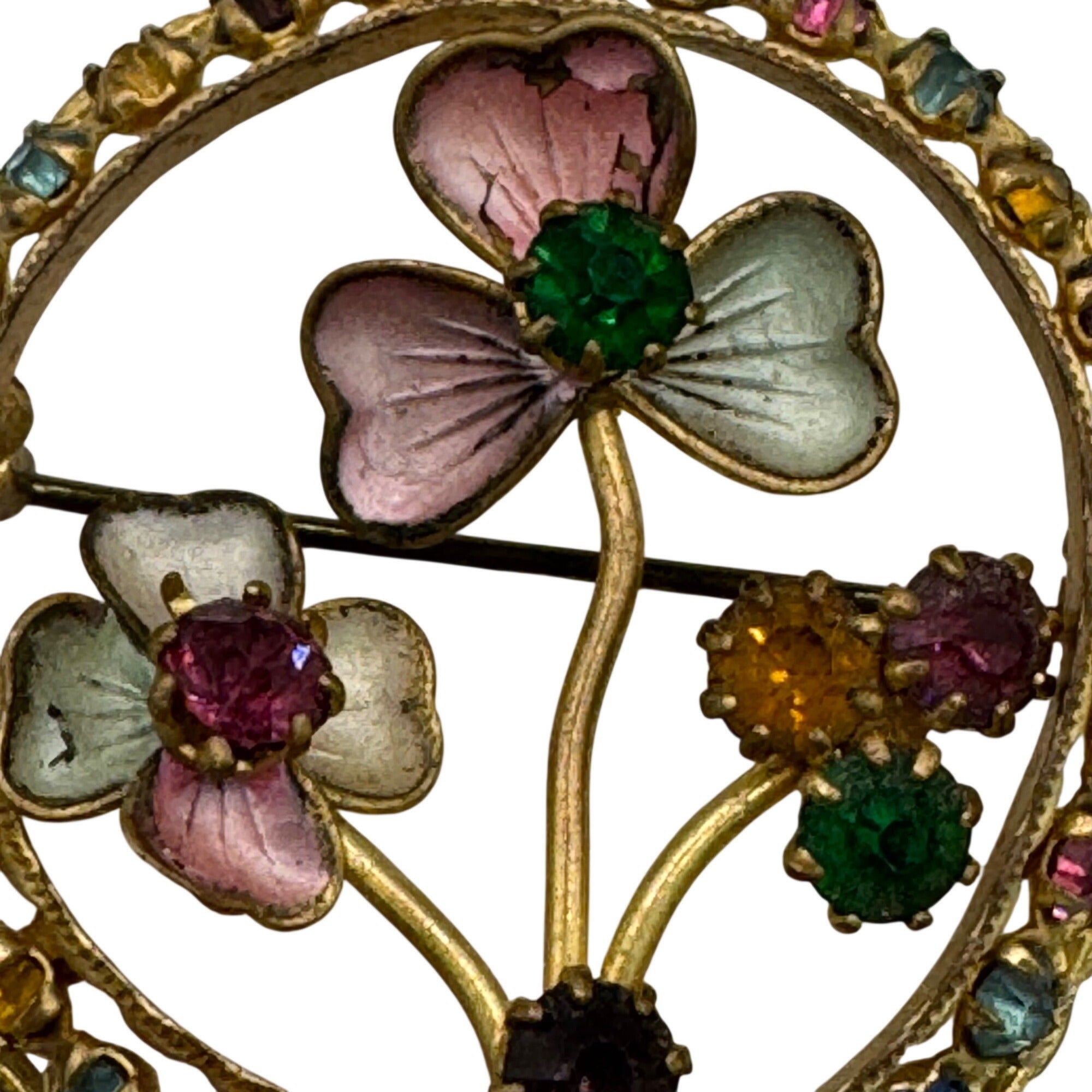 Vintage Czech Multicolor Rhinestone Floral Enamel Brooch Pin Round Brass 1.5"