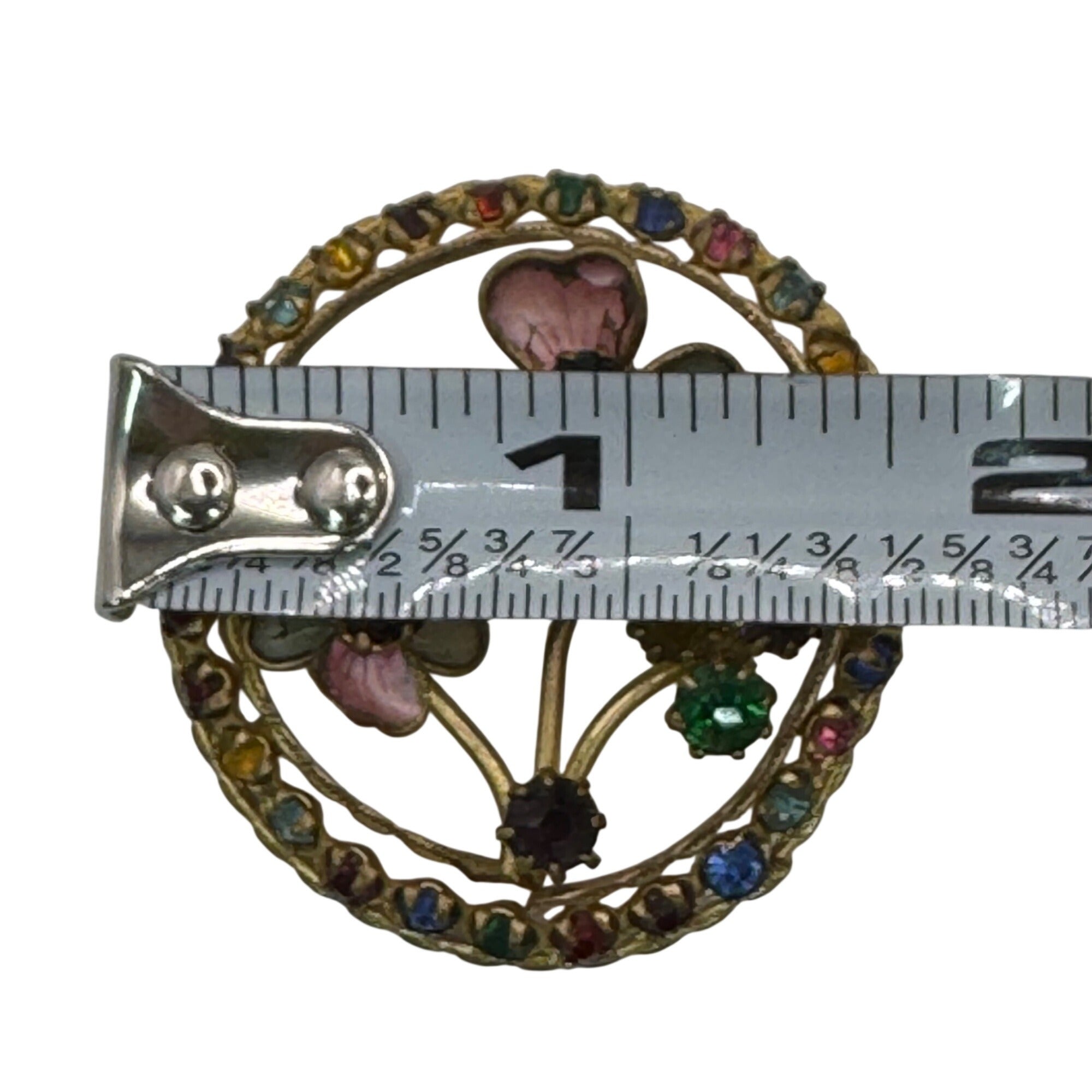 Vintage Czech Multicolor Rhinestone Floral Enamel Brooch Pin Round Brass 1.5"