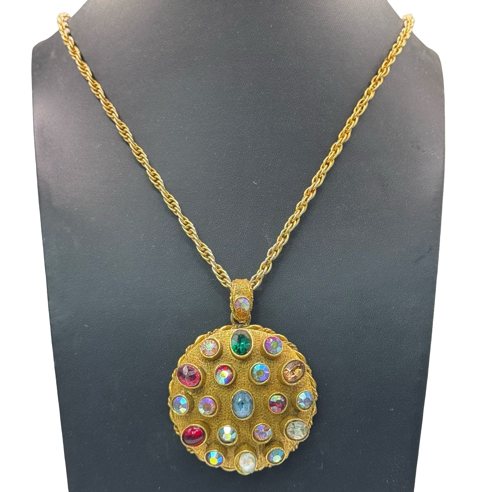 Vintage ART Arthur Pepper Multicolor Rhinestone Pendant Necklace Gold-Tone 24"