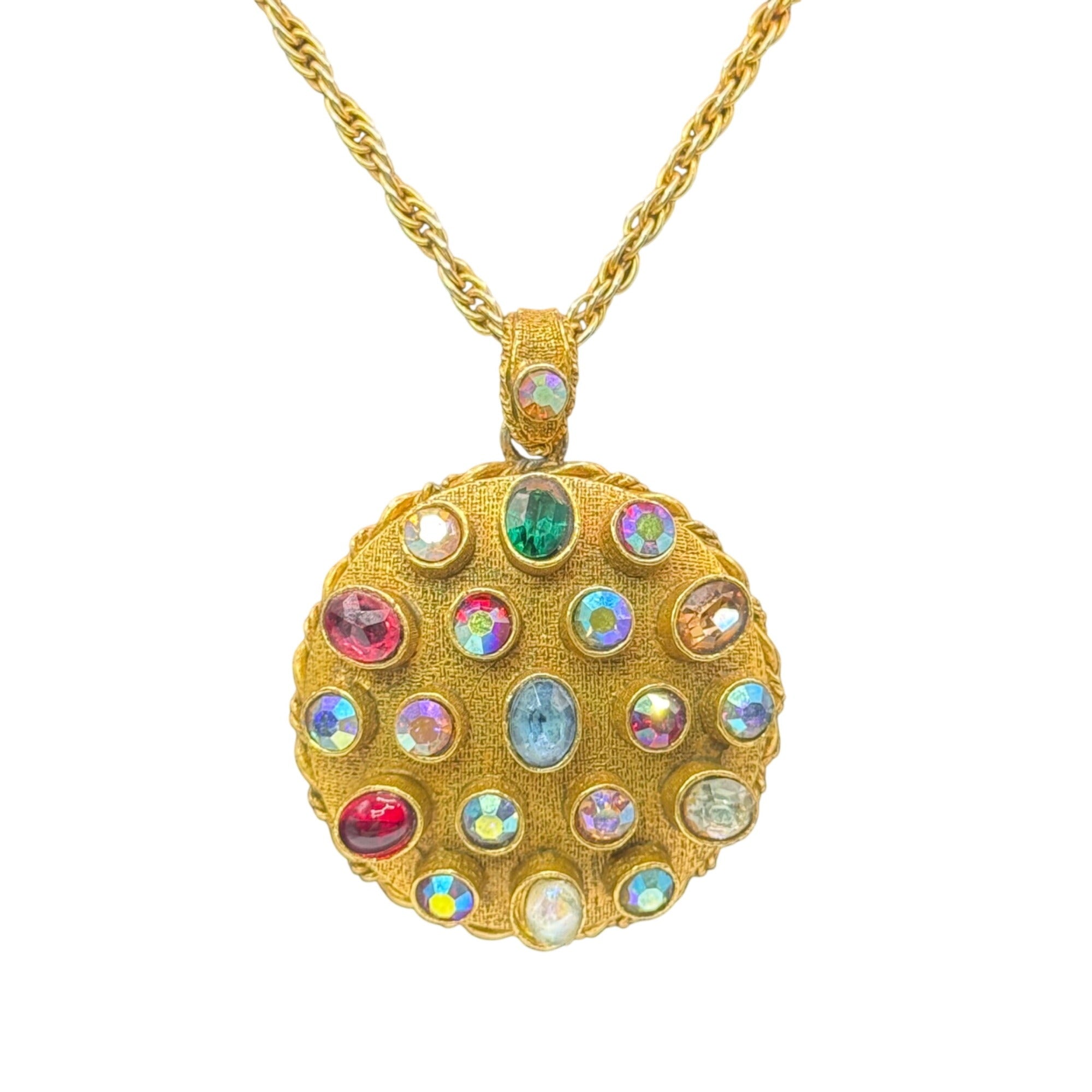 Vintage ART Arthur Pepper Multicolor Rhinestone Pendant Necklace Gold-Tone 24"