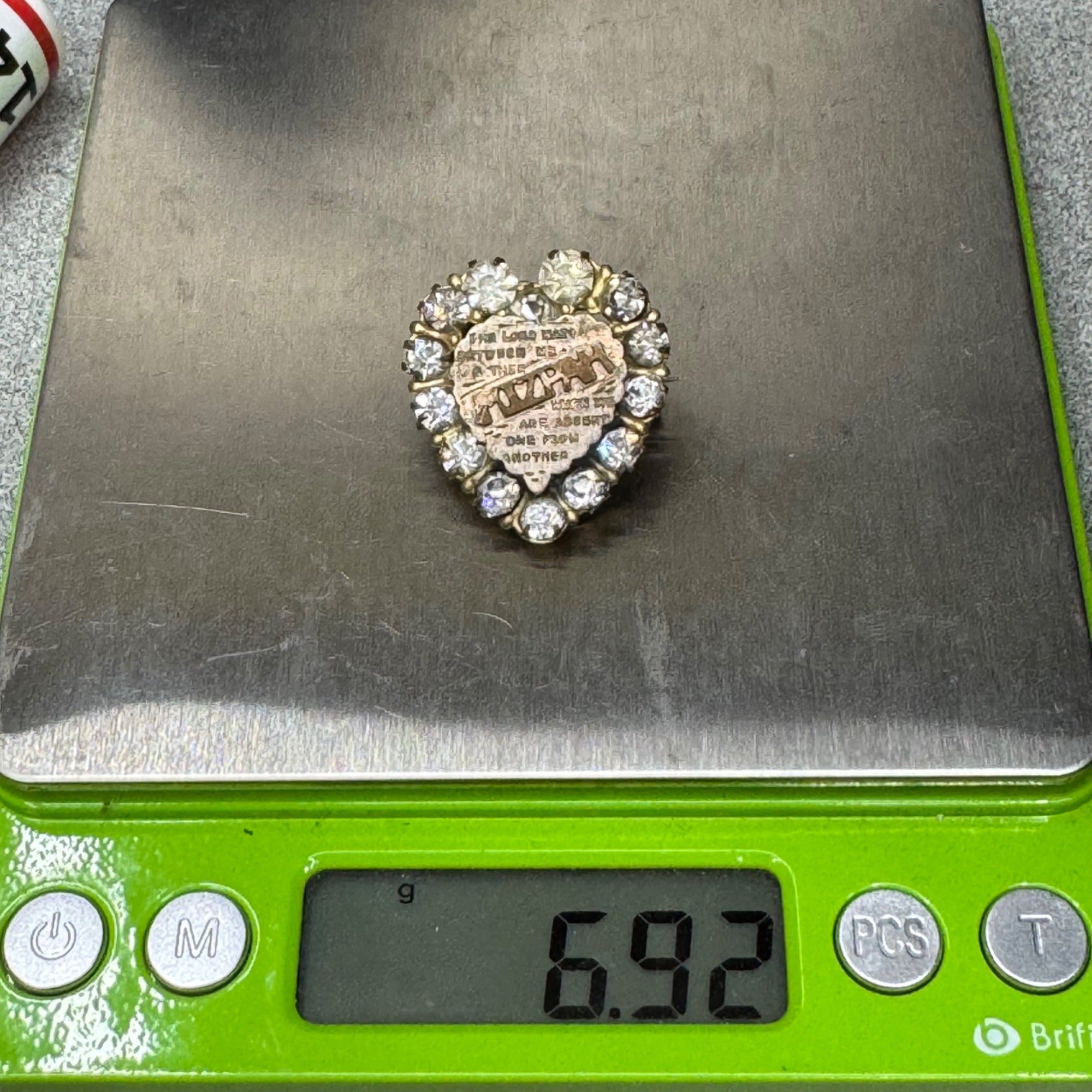 Vintage Victorian Rhinestone Heart "Mizpah" Pin Brooch Bible Verse Engraving