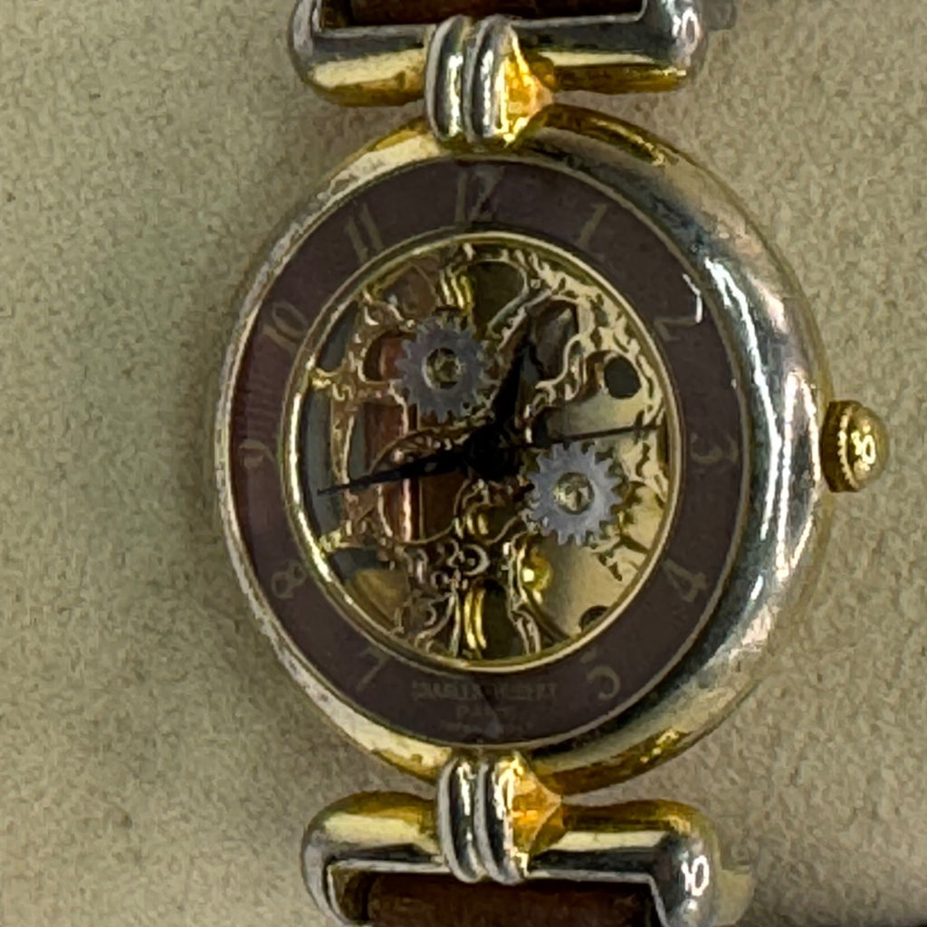 Charles-Hubert Paris Skeleton Brown Leather Watch Stainless Steel New Battery