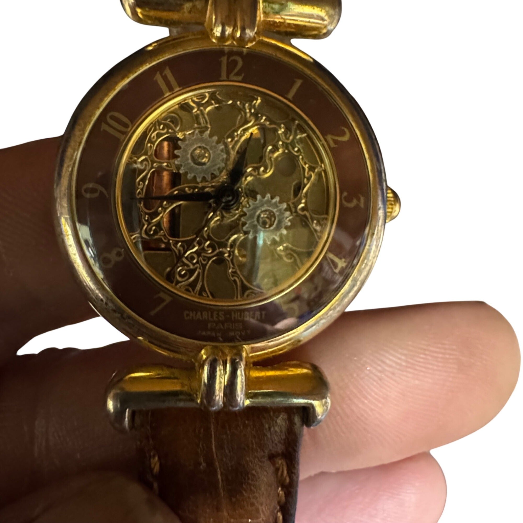 Charles-Hubert Paris Skeleton Brown Leather Watch Stainless Steel New Battery