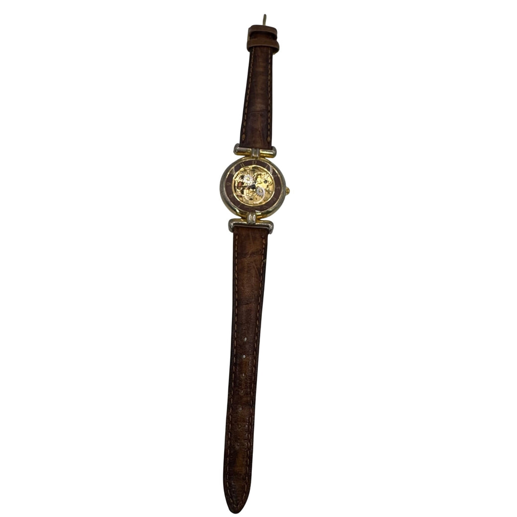 Charles-Hubert Paris Skeleton Brown Leather Watch Stainless Steel New Battery