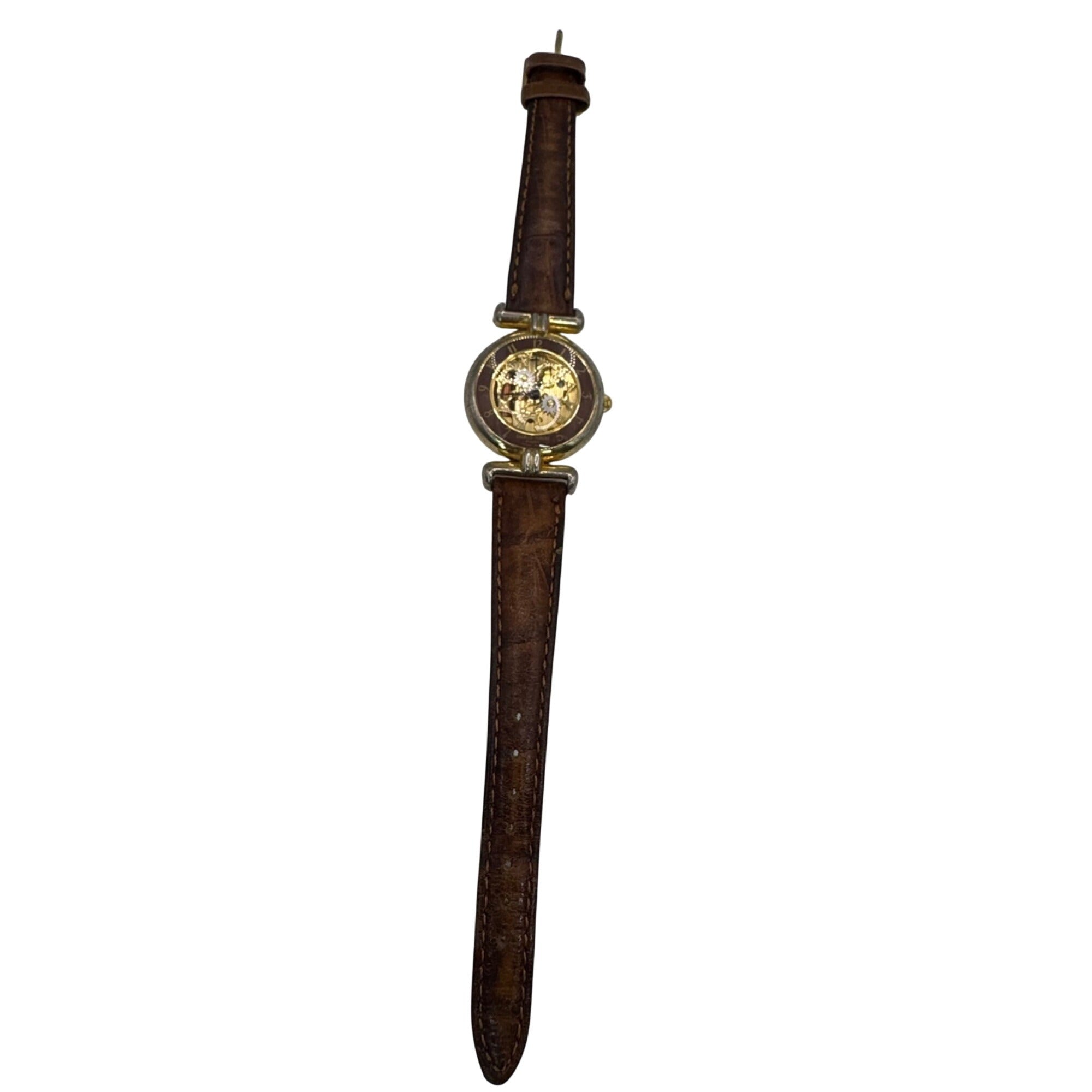 Charles-Hubert Paris Skeleton Brown Leather Watch Stainless Steel New Battery