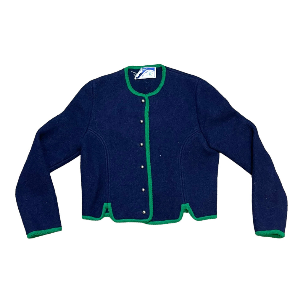 Vintage The Eagle's Eye Sweater Cardigan WOOL 8 Medium Navy Blue w/ Green Trim