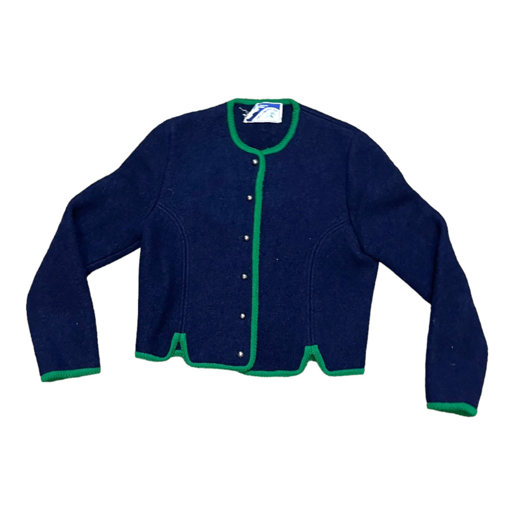 Vintage The Eagle's Eye Sweater Cardigan WOOL 8 Medium Navy Blue w/ Green Trim